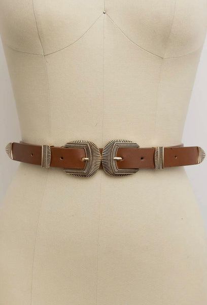 Dallas Double Buckle Faux Leather Western Belt